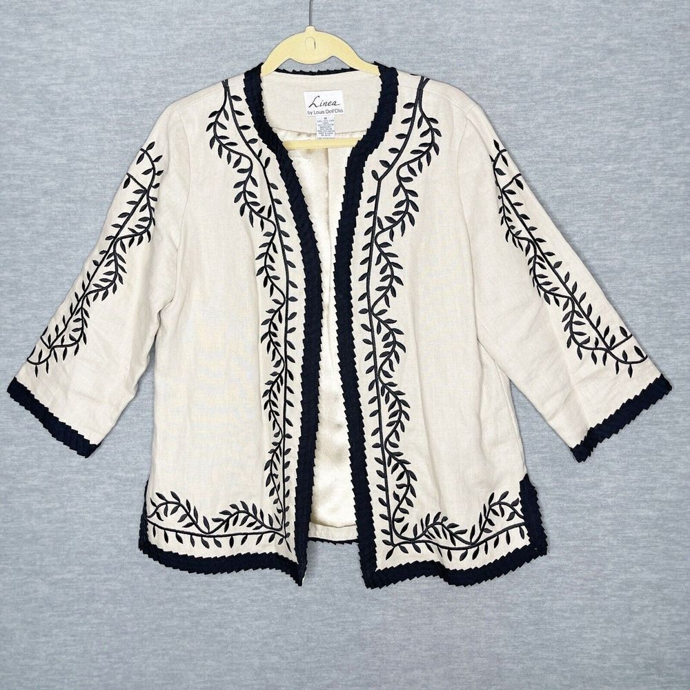 Linea Louis Dell'Olio Blazer Jacket Size Medium 100%‎ Linen Embroidered Career